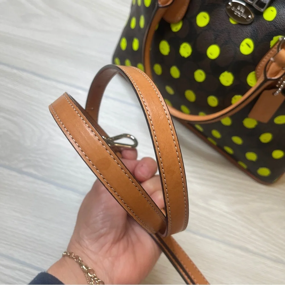 Coach Cora Dome Satchel Purse Signature Canvas Neon Yellow Dots w/Leather Trim - Picture 6 of 15